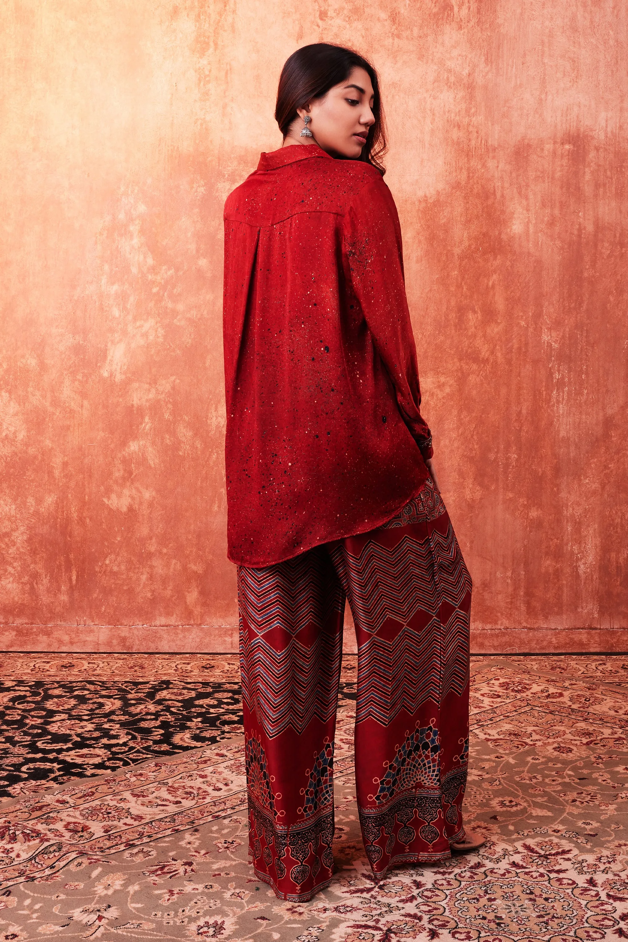 Cherry Red Ajrakh Printed Habutai Silk Co-Ord Set