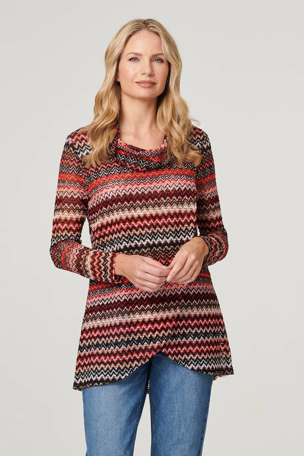 Chevron Print Cowl Neck Top