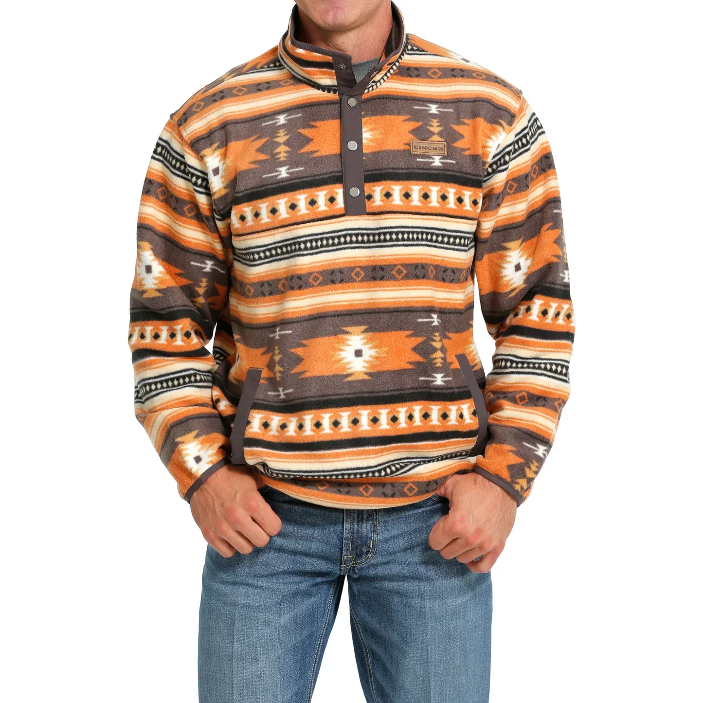 Cinch Men's Grey & Orange Aztec Print Polar Fleece Sweater