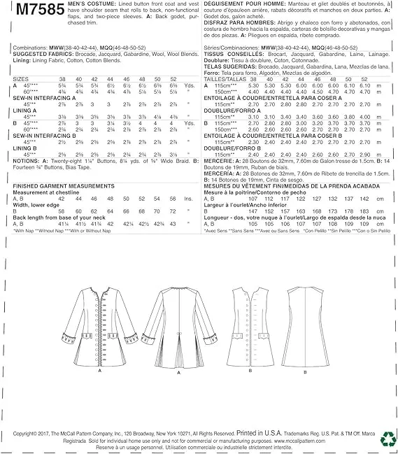 CLEARANCE • McCall's Pattern MEN'S THREE-QUARTER-LENGTH COAT AND VEST COSTUME 7585