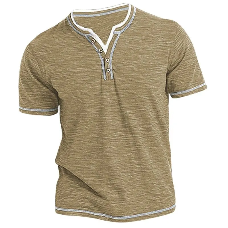 Colored Cotton Small V-neck Cardigan Men's Casual Short Sleeve Henley Shirt