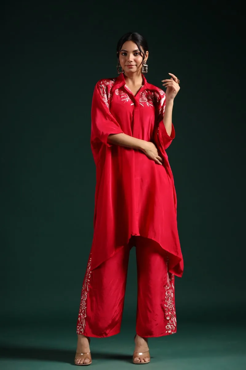 Crimson Red Embroidered Habutai Silk Co-Ord Set