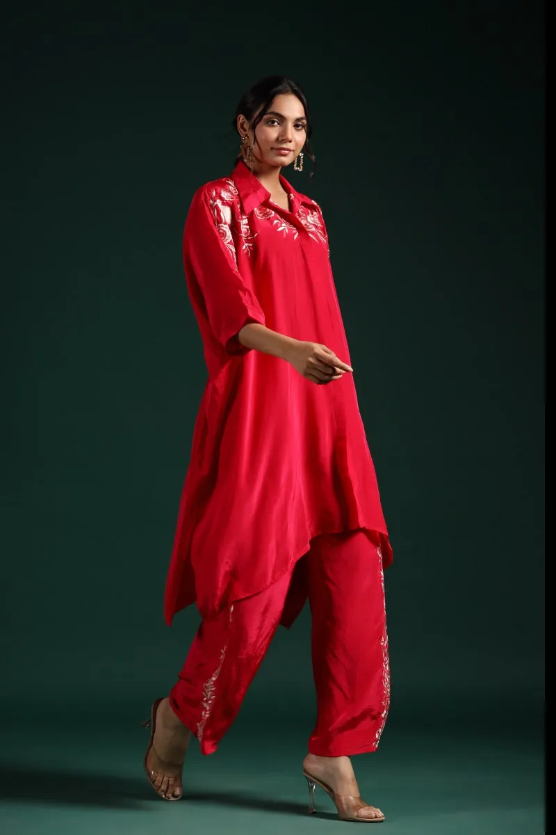 Crimson Red Embroidered Habutai Silk Co-Ord Set