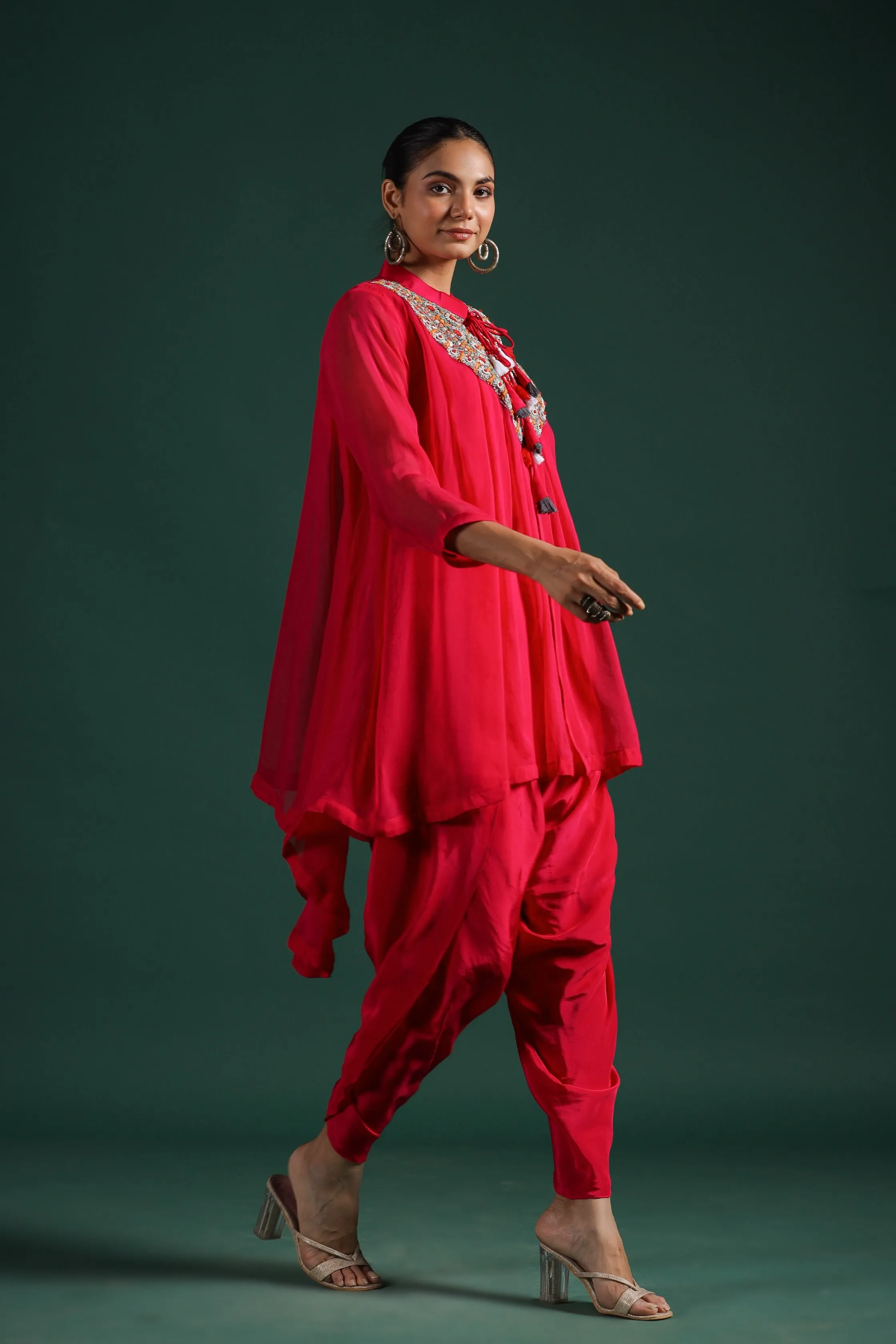 Crimson Red Embroidered Tunic With Dhoti Pants