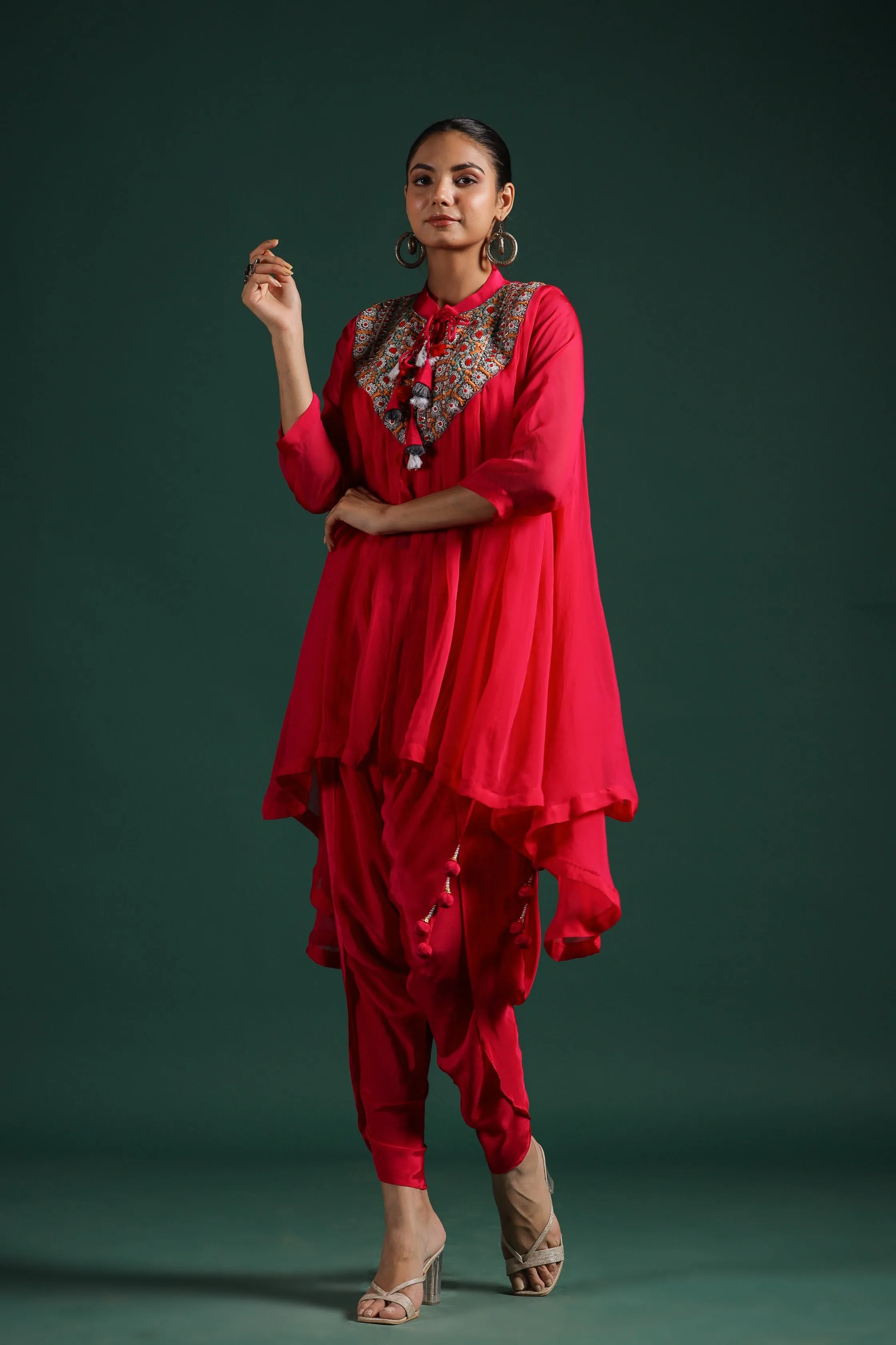 Crimson Red Embroidered Tunic With Dhoti Pants