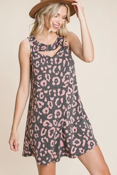 Cute Animal Print Cut Out Neckline Sleeveless Tunic Dress