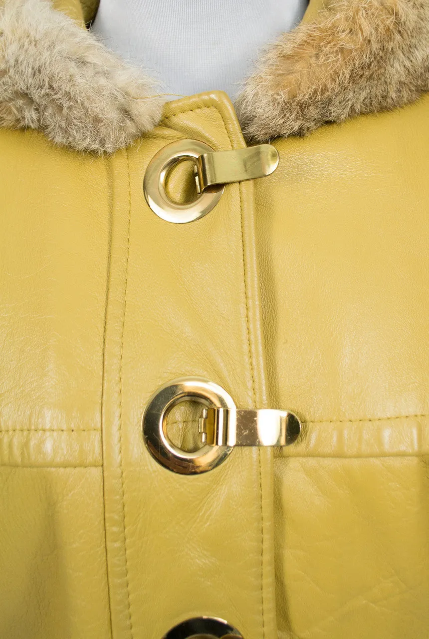 Dan Di Modes Yellow Vintage Leather Coat with Fur Trim and Hood