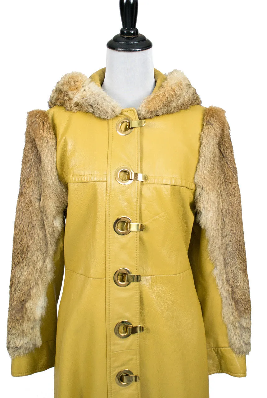 Dan Di Modes Yellow Vintage Leather Coat with Fur Trim and Hood