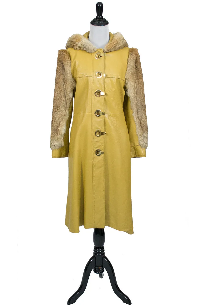 Dan Di Modes Yellow Vintage Leather Coat with Fur Trim and Hood