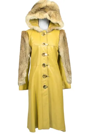 Dan Di Modes Yellow Vintage Leather Coat with Fur Trim and Hood