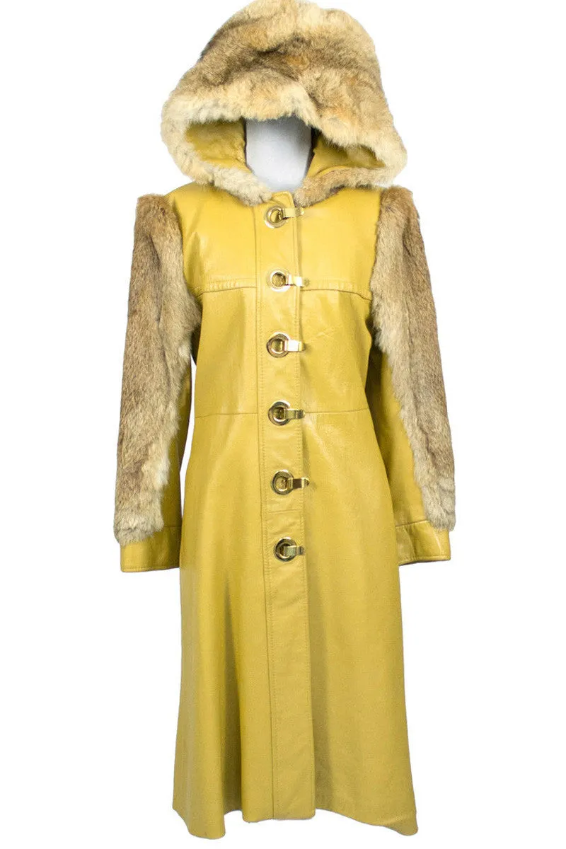 Dan Di Modes Yellow Vintage Leather Coat with Fur Trim and Hood