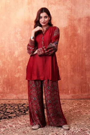 Deep Red Ajrakh Printed Habutai Silk Co-Ord Set