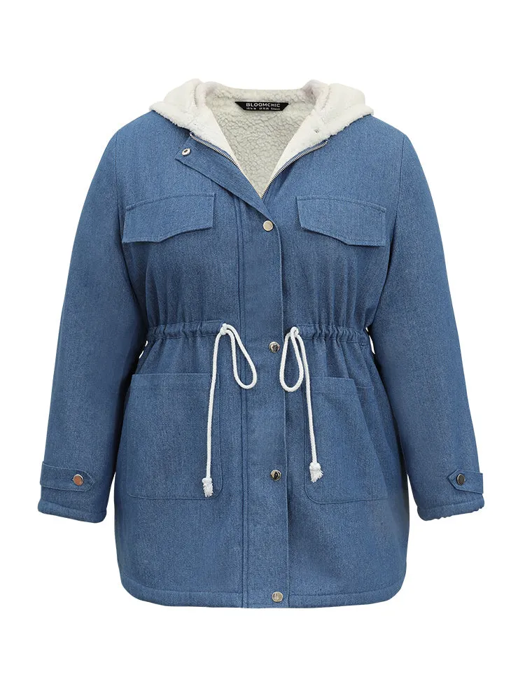 Denim Patchwork Fuzzy Trim Drawstring Hooded Coat