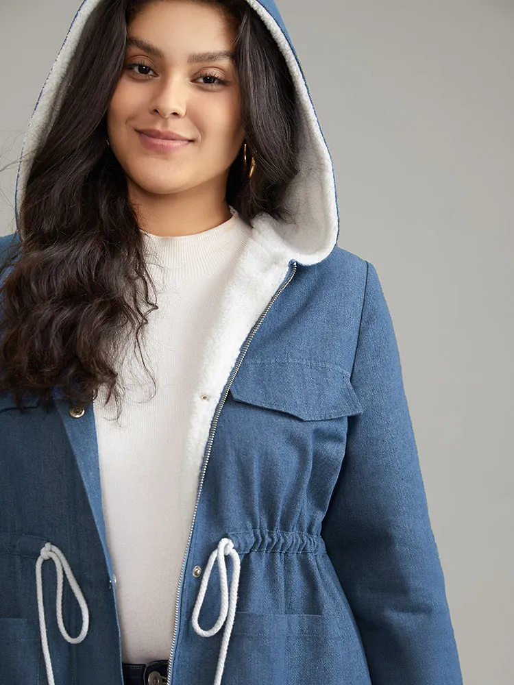 Denim Patchwork Fuzzy Trim Drawstring Hooded Coat