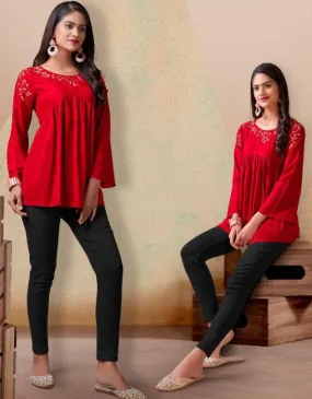 Designer Rayon Stylish Red Tunic Tops for Women