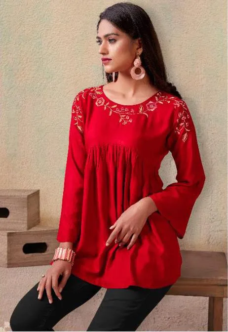 Designer Rayon Stylish Red Tunic Tops for Women