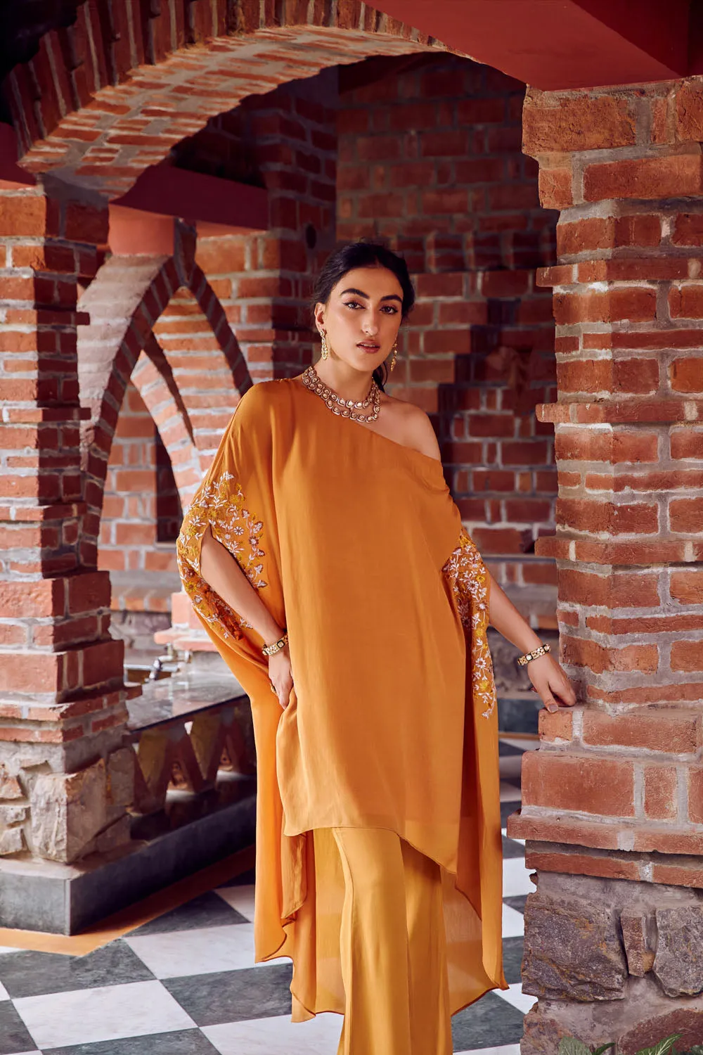 Embroidered Off-Shoulder Kaftaan with Pants