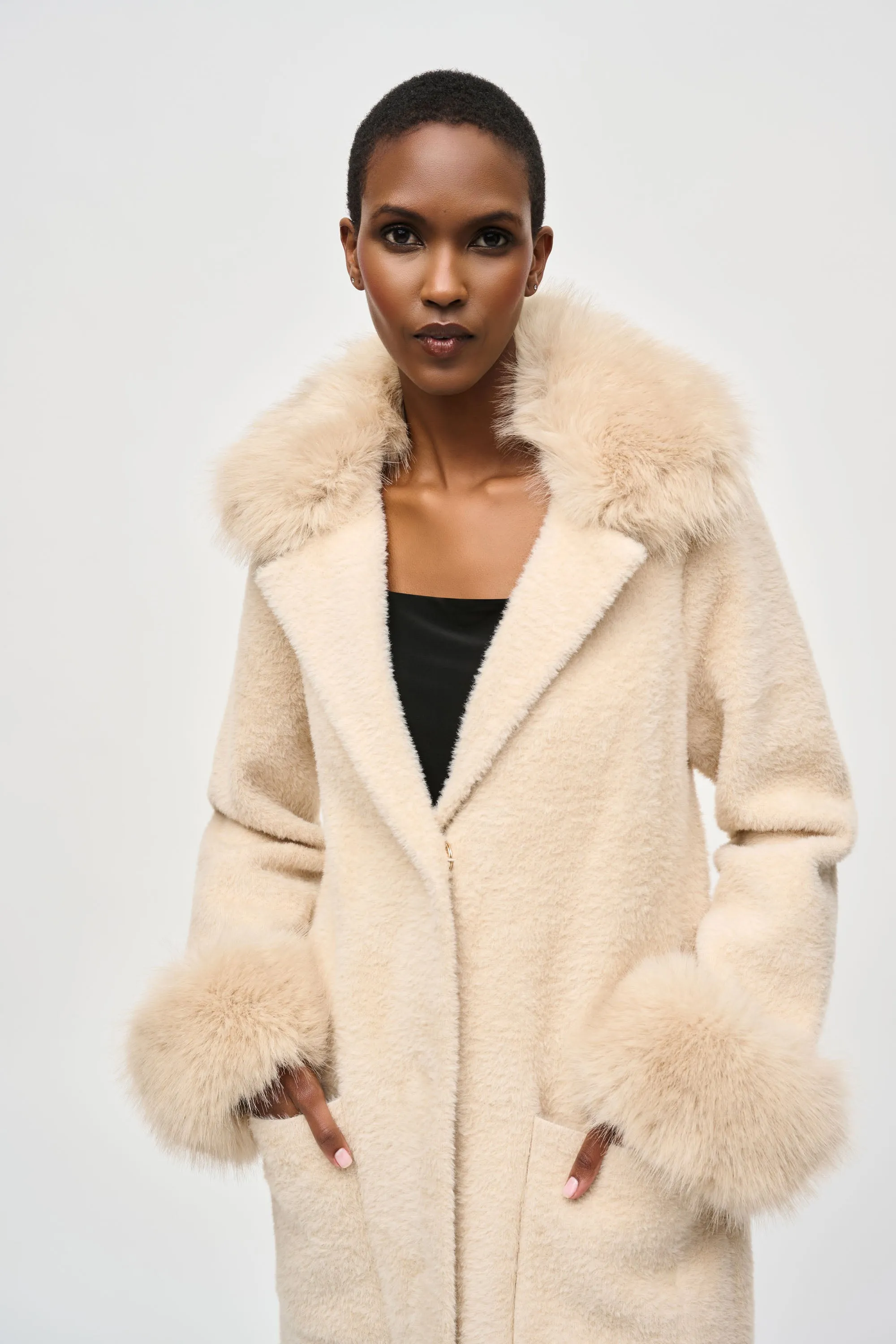 Feather Yarn and Faux Fur Sweater Coat