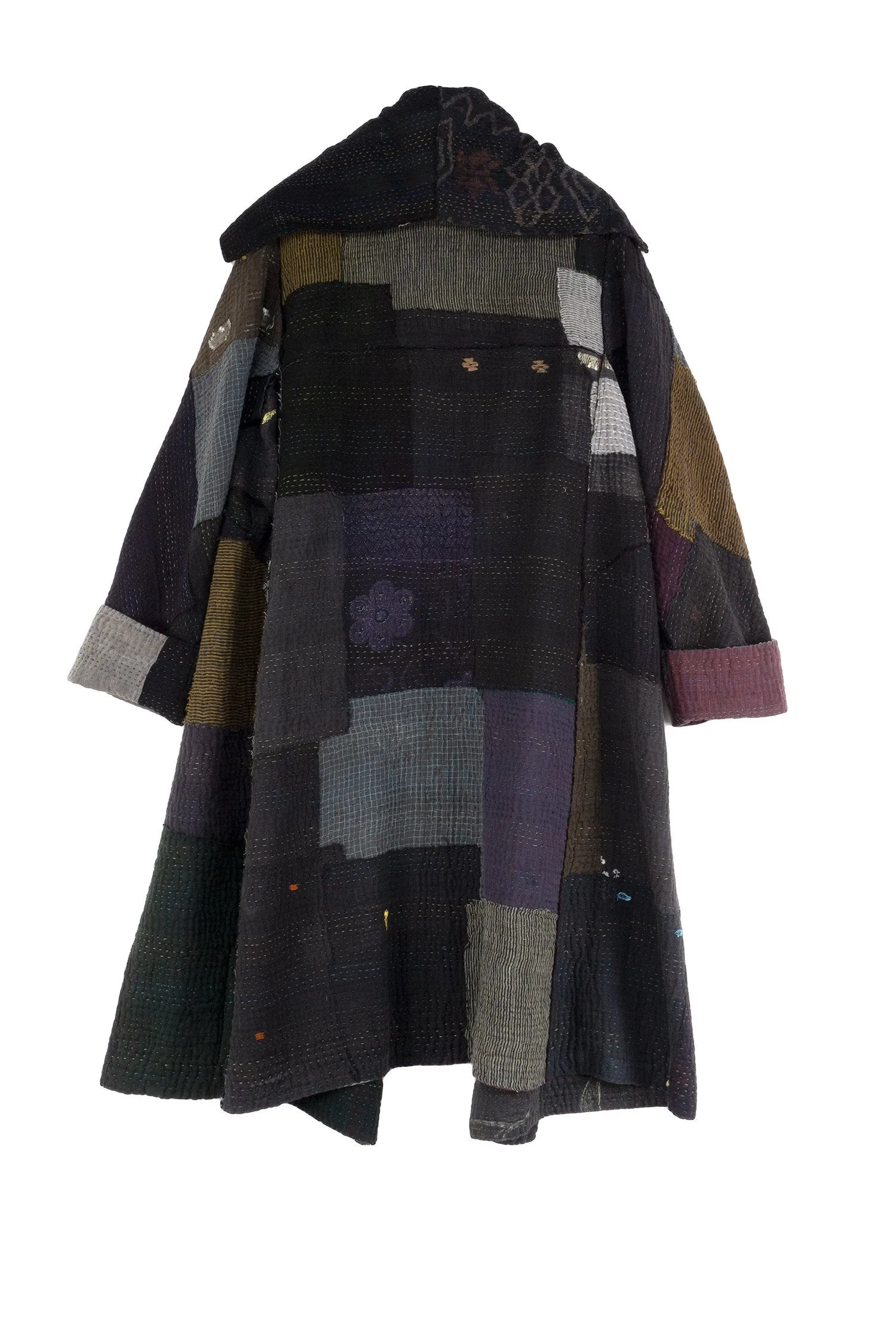 FRAYED PATCH MIX KANTHA A-LINE COAT