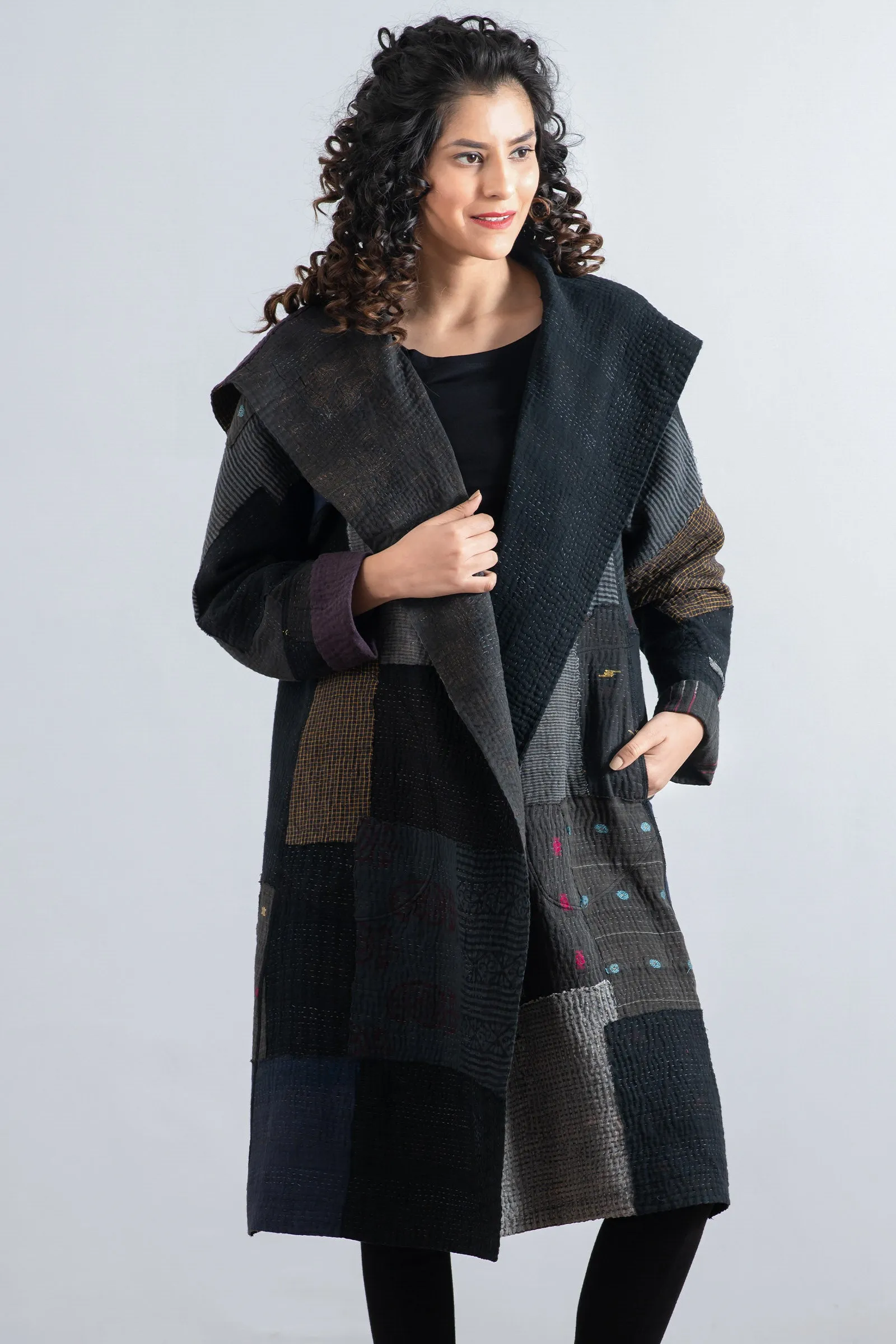 FRAYED PATCH MIX KANTHA A-LINE COAT