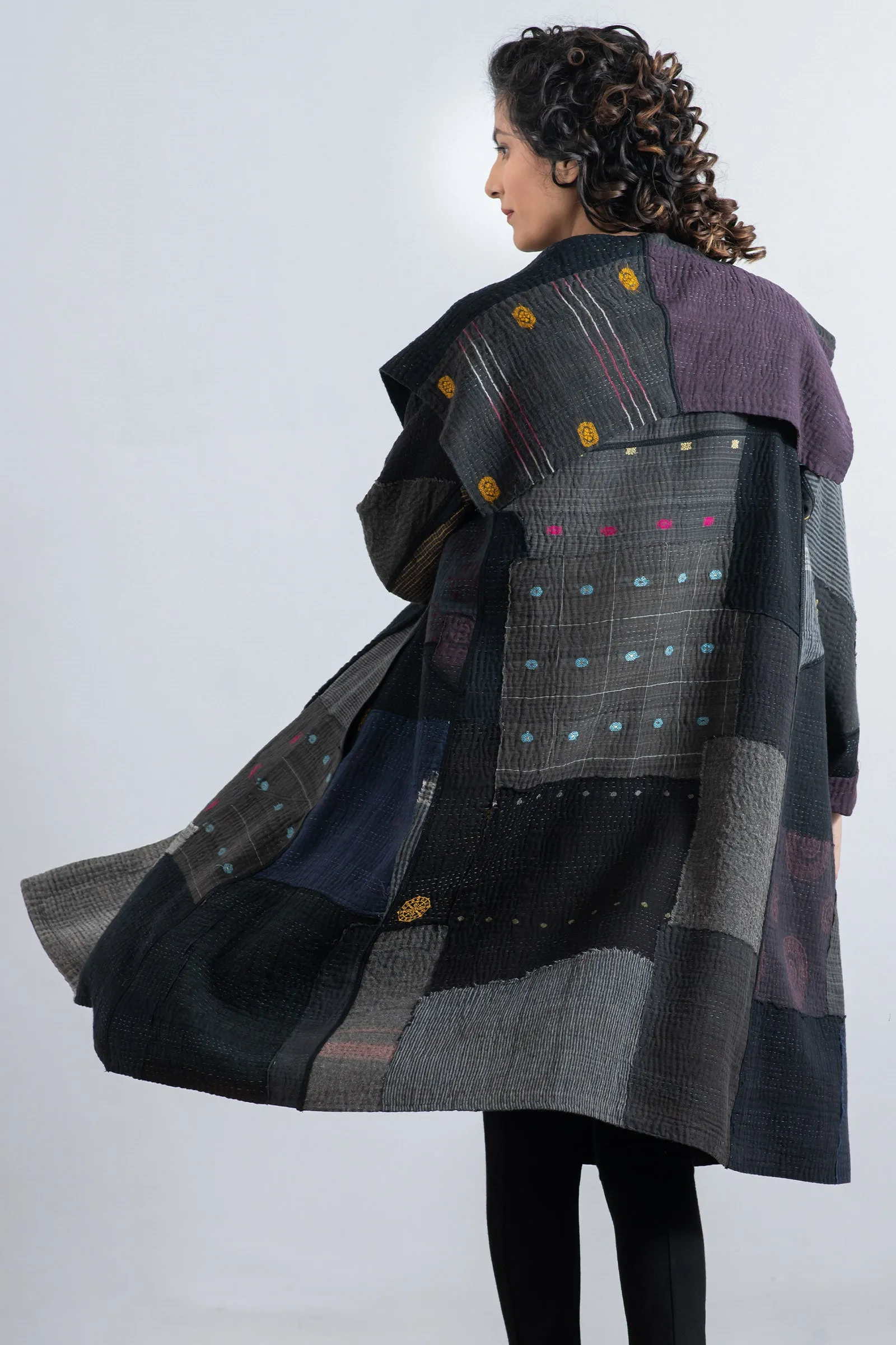 FRAYED PATCH MIX KANTHA A-LINE COAT