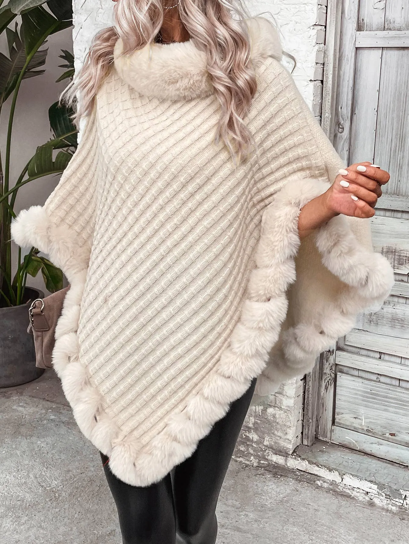 Fur Trim Waffle texture Shawl Outerwear Poncho