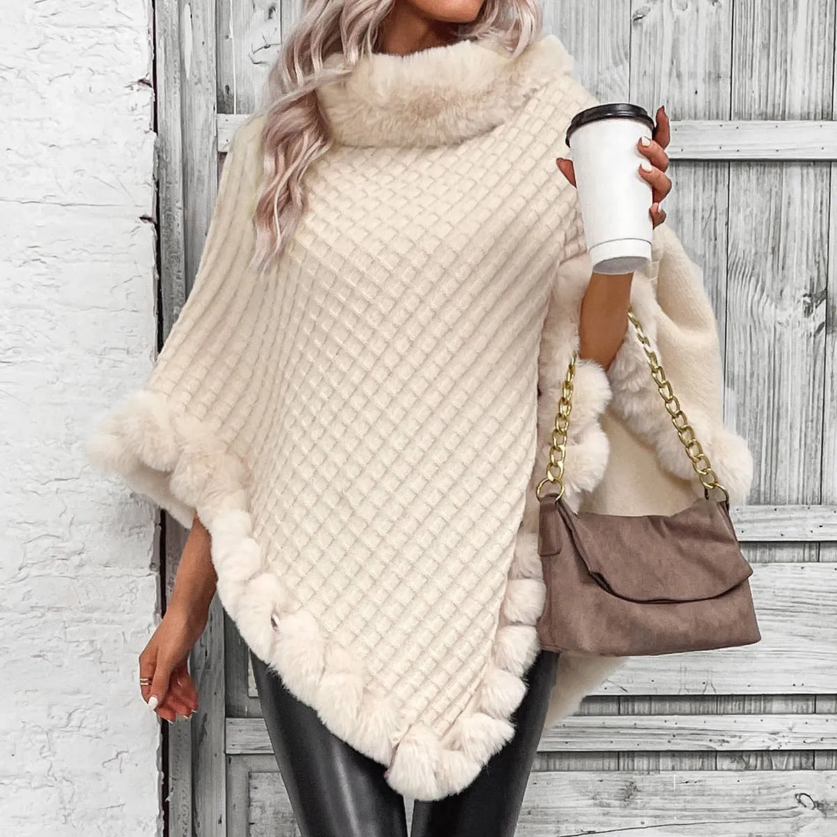 Fur Trim Waffle texture Shawl Outerwear Poncho