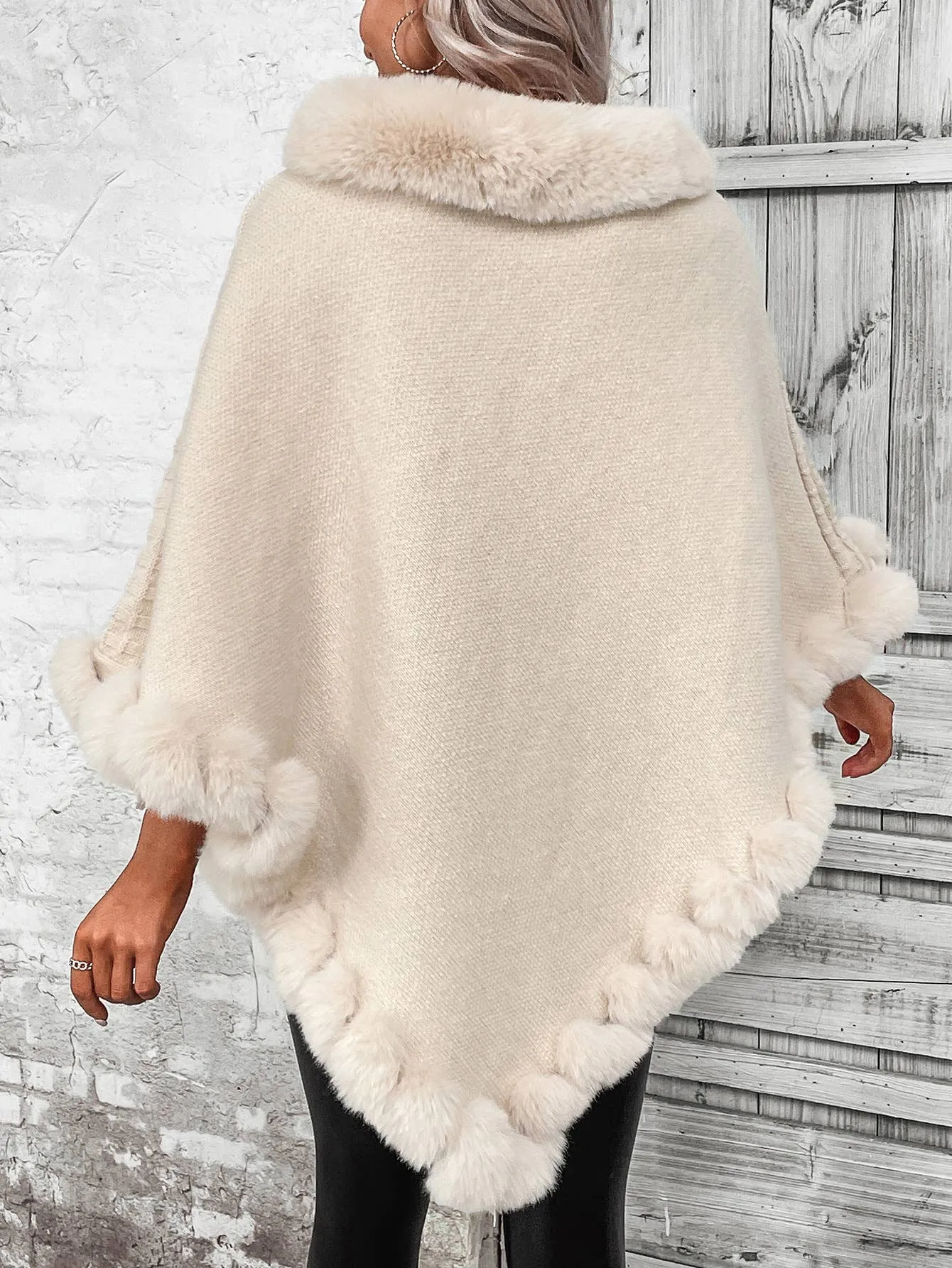 Fur Trim Waffle texture Shawl Outerwear Poncho