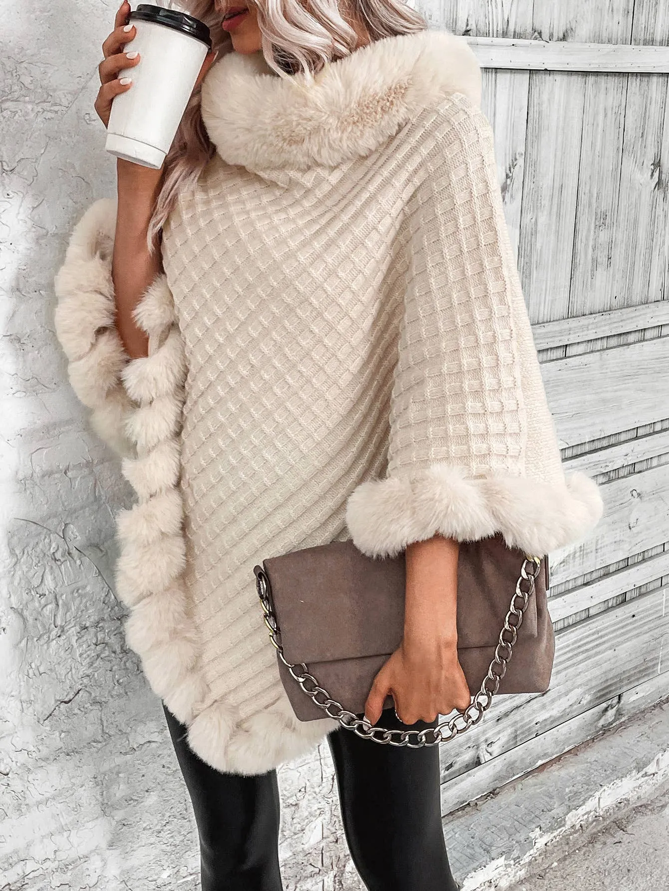 Fur Trim Waffle texture Shawl Outerwear Poncho