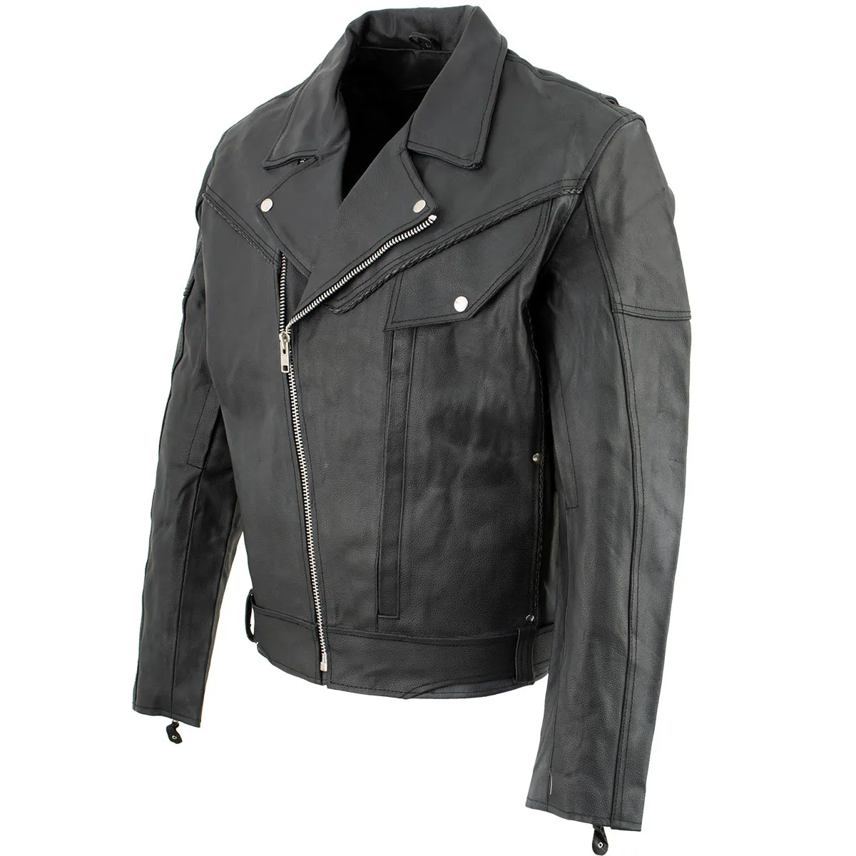 Genuine Leather EL1055 Men's Black Classic Vented ‘Braided’ Moto Jacket with Utility Pocket