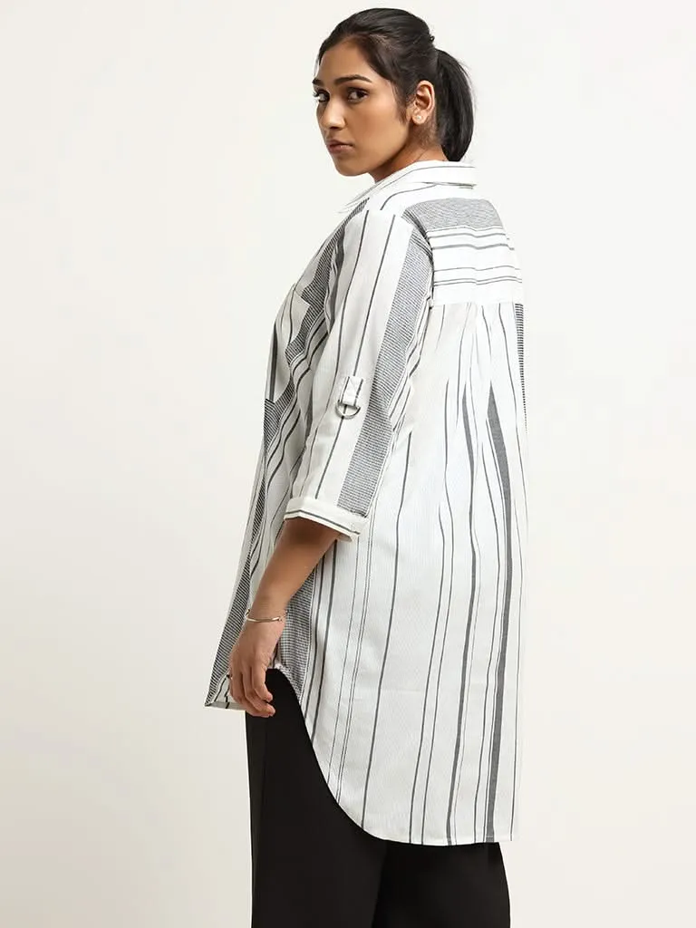 Gia White Striped Cotton Collared Top