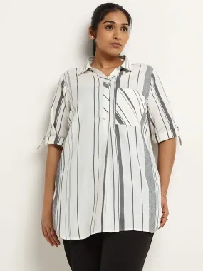 Gia White Striped Cotton Collared Top