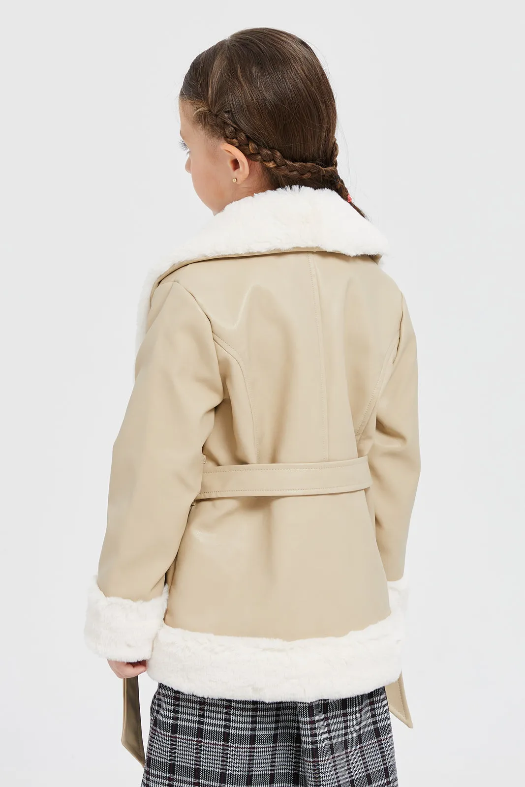 Girls Beige Pu Fur Jacket