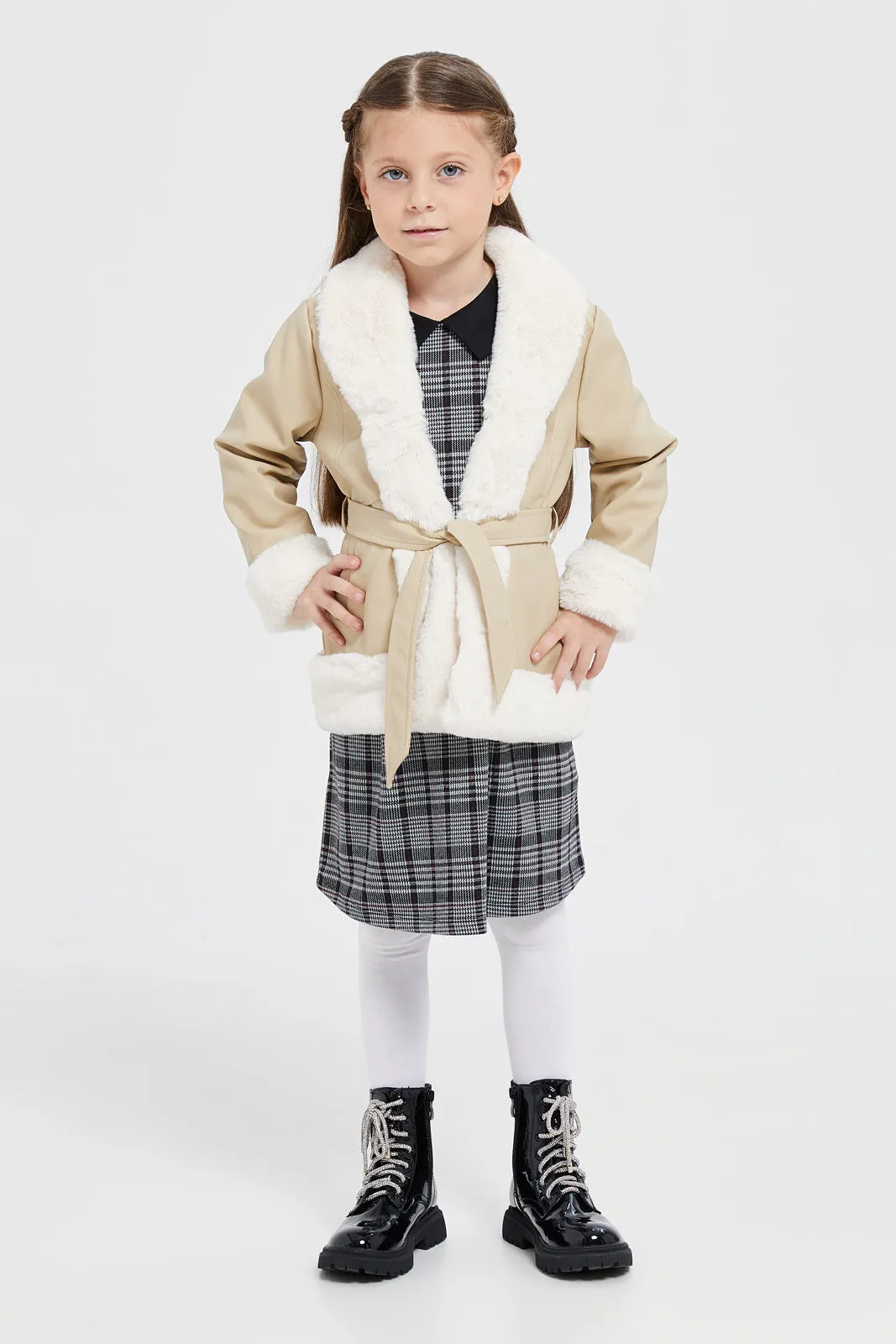 Girls Beige Pu Fur Jacket