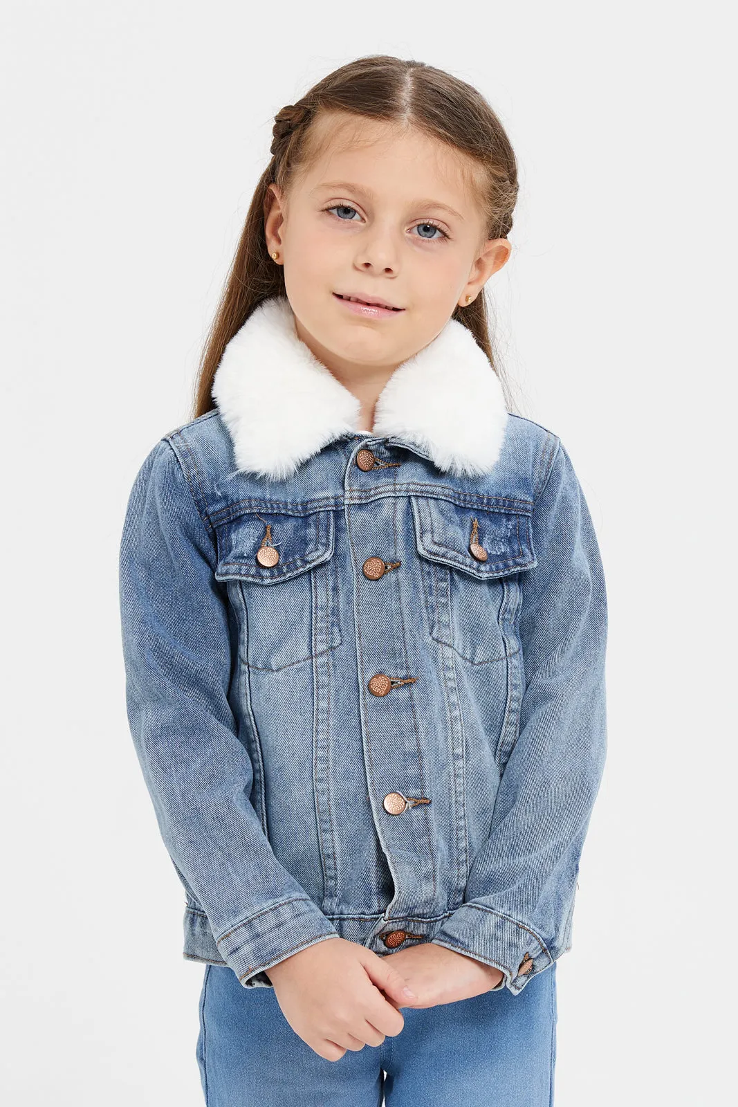 Girls Blue Denim Jacket With Fur Collar