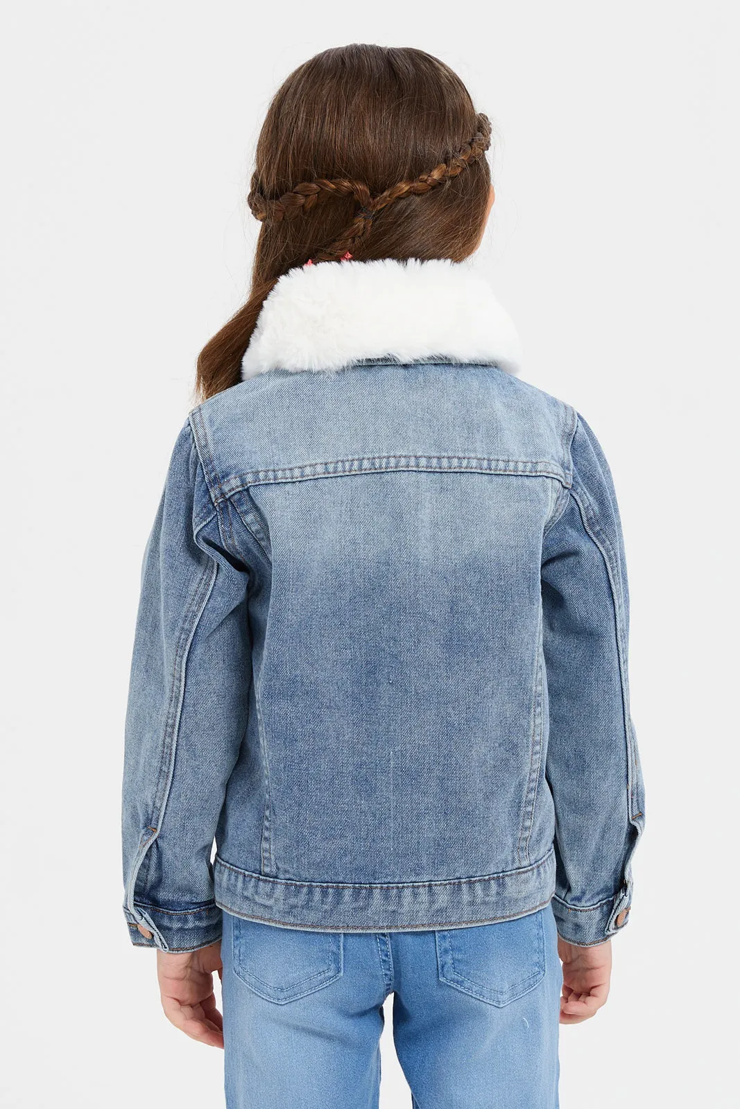 Girls Blue Denim Jacket With Fur Collar