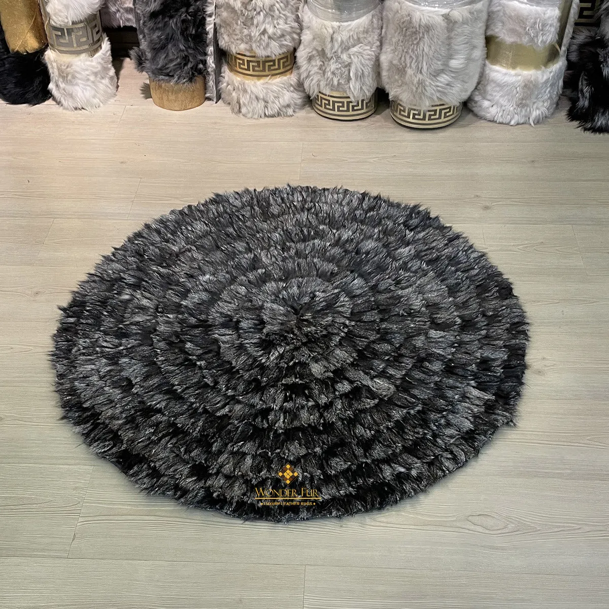 Gray Black Plush Fox Round Fur Carpet Rug for Living Room