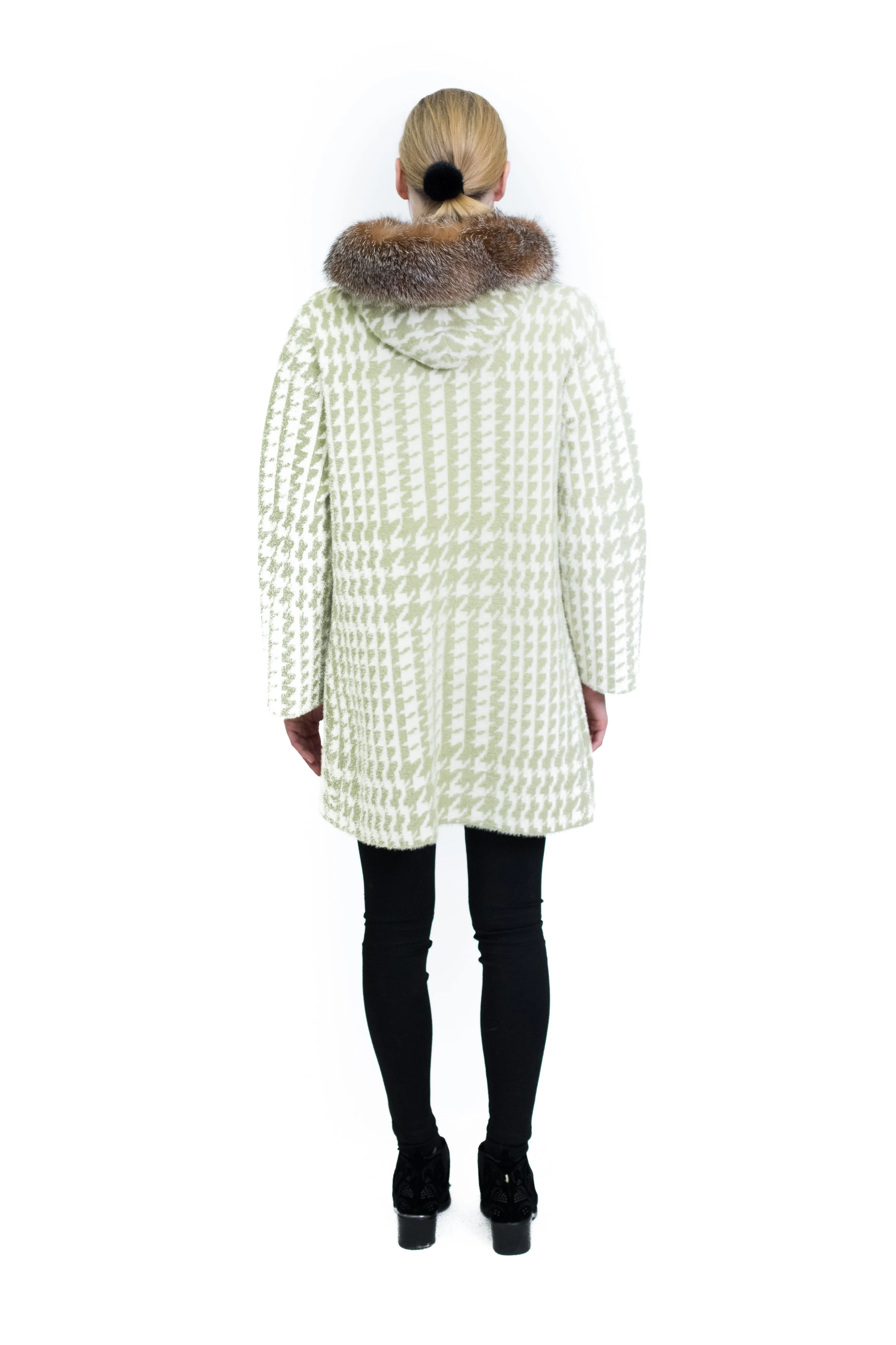 Green Houndstooth Coat with Silver Fox Trim Hood