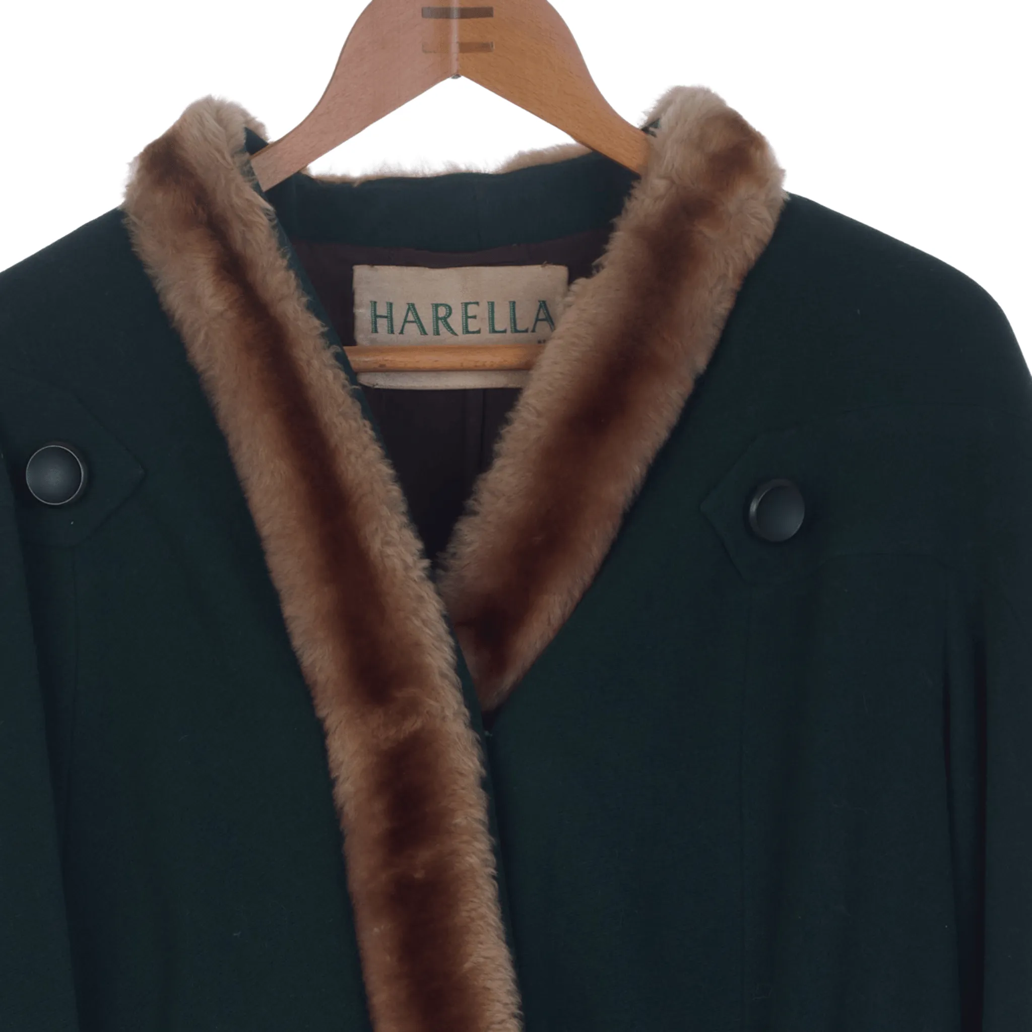 Harella Vintage Green Faux Fur Trimmed Long Sleeved Coat UK Size 16/18