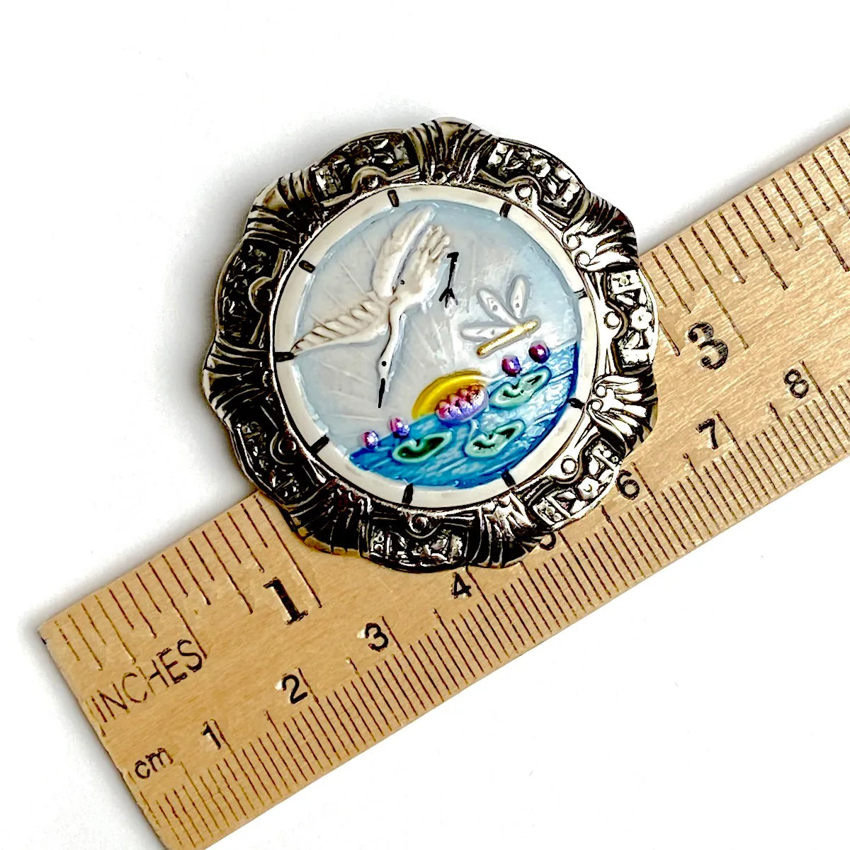 Heron and Dragonfly, Art Stone in Metal Rim Artisan Button by Susan Clarke, 1-3/4" #1159