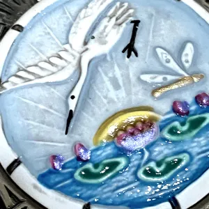 Heron and Dragonfly, Art Stone in Metal Rim Artisan Button by Susan Clarke, 1-3/4" #1159