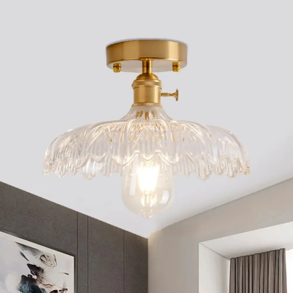 Industrial Brass Semi Flush Ceiling Light with Dome/Barn/Flower Shade - Amber/Clear Textured Glass - Ideal for Living Room