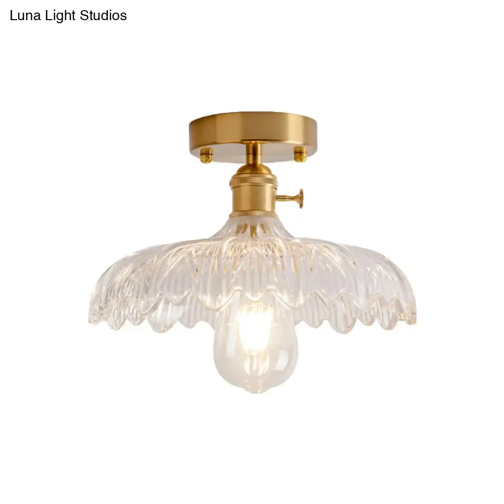 Industrial Brass Semi Flush Ceiling Light with Dome/Barn/Flower Shade - Amber/Clear Textured Glass - Ideal for Living Room