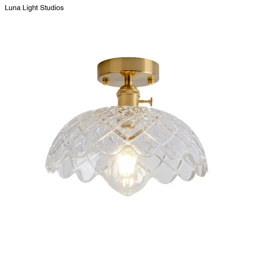 Industrial Brass Semi Flush Ceiling Light with Dome/Barn/Flower Shade - Amber/Clear Textured Glass - Ideal for Living Room