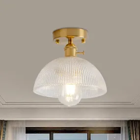 Industrial Brass Semi Flush Ceiling Light with Dome/Barn/Flower Shade - Amber/Clear Textured Glass - Ideal for Living Room