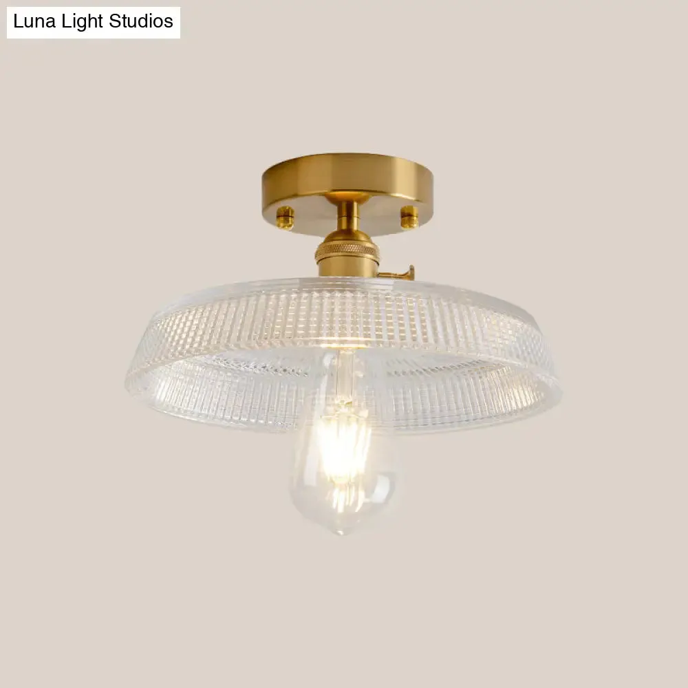 Industrial Brass Semi Flush Ceiling Light with Dome/Barn/Flower Shade - Amber/Clear Textured Glass - Ideal for Living Room