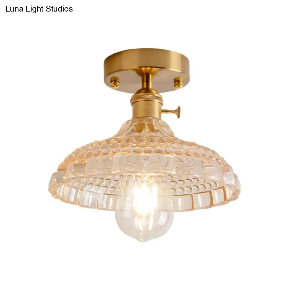 Industrial Brass Semi Flush Ceiling Light with Dome/Barn/Flower Shade - Amber/Clear Textured Glass - Ideal for Living Room