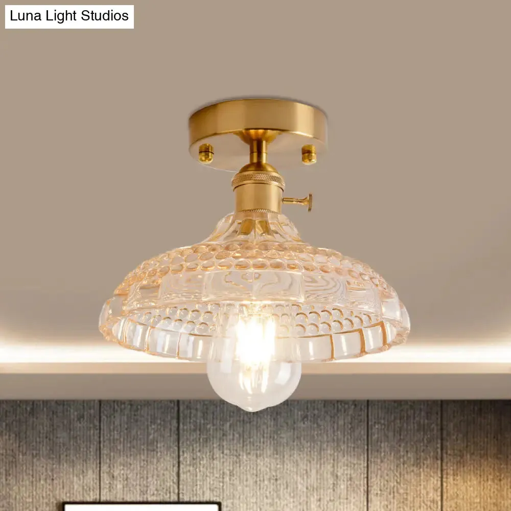 Industrial Brass Semi Flush Ceiling Light with Dome/Barn/Flower Shade - Amber/Clear Textured Glass - Ideal for Living Room