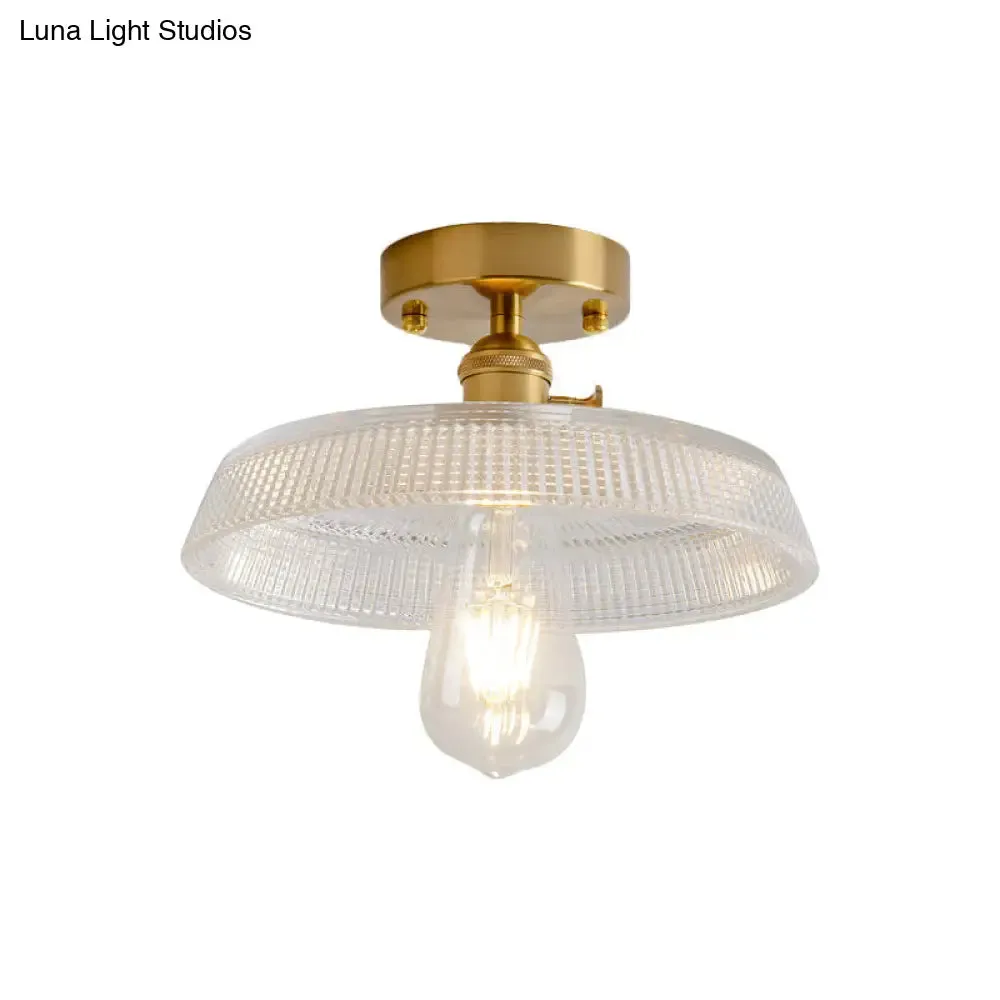 Industrial Brass Semi Flush Ceiling Light with Dome/Barn/Flower Shade - Amber/Clear Textured Glass - Ideal for Living Room