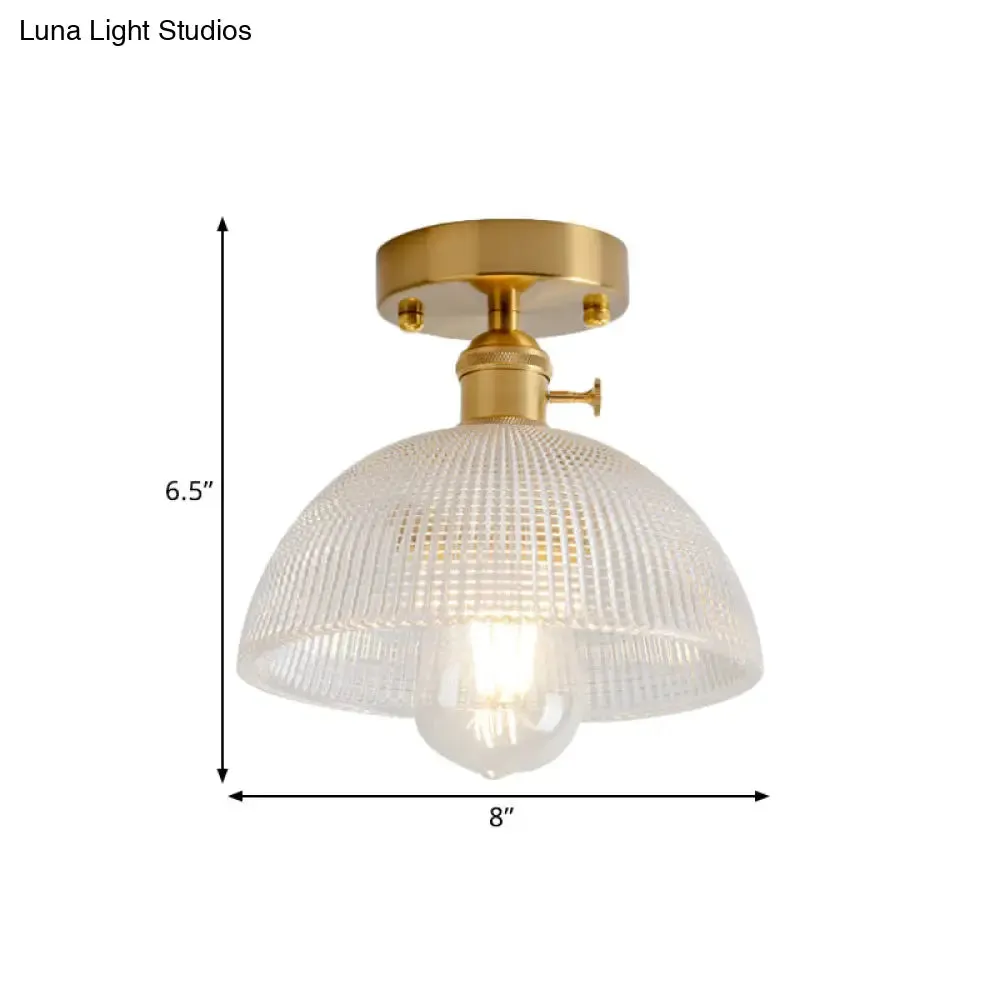 Industrial Brass Semi Flush Ceiling Light with Dome/Barn/Flower Shade - Amber/Clear Textured Glass - Ideal for Living Room